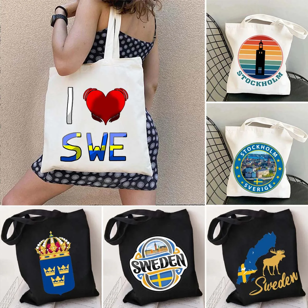 Sweden Flag Map Coat of Arms Travel Stockholm Love Heart Swedish Souvenir Landmark Shoulder Shopper Canvas Tote Bag Cute Handbag