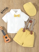 3-Piece Summer Thin Gentleman Dress Suit for Infants and Boys, Short-Sleeved Shirt with Bow + Casual Suspender Shorts + Gentleman Hat, Suitable for Birthday Parties, Party, Performance, Weddings, Full Moon, Washing Ceremony, Birthday Party