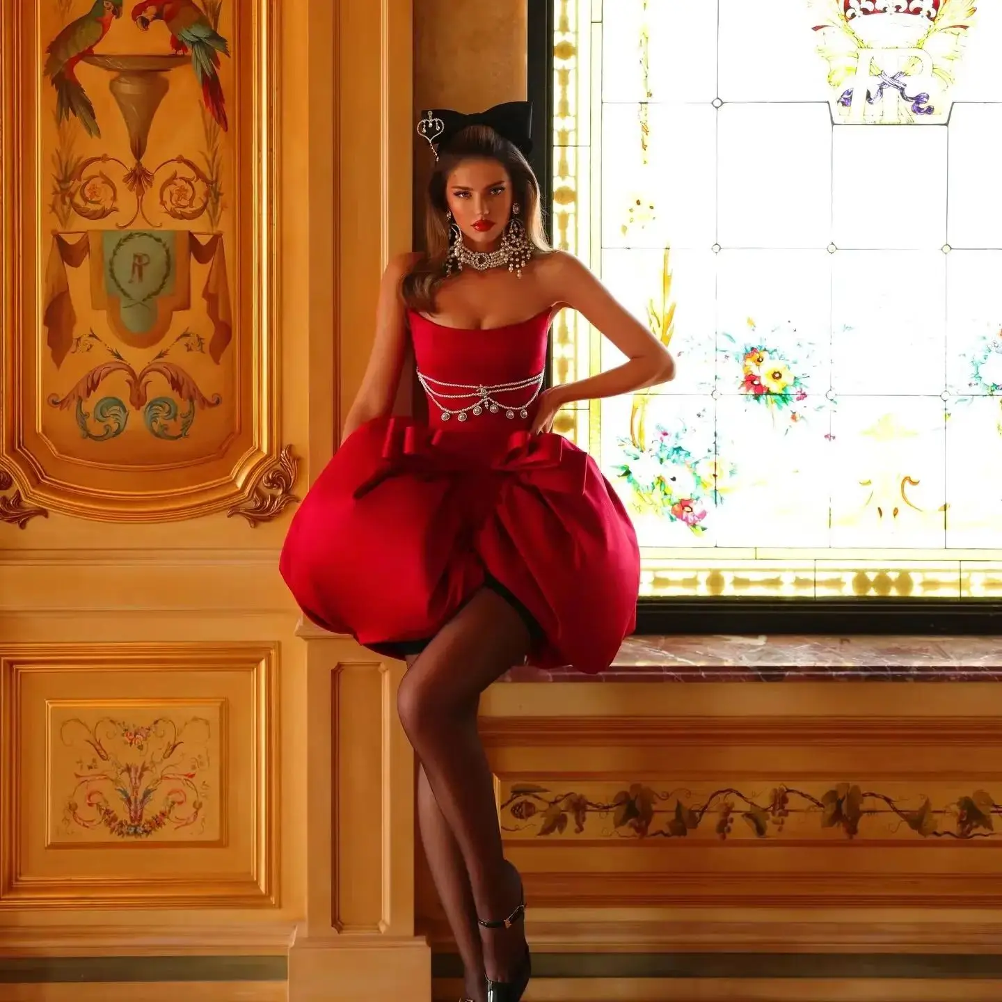 2026 Couture Pearls Bubble Skirt Short Birthday Dress Cute Red Bows Mini Dress Strapless Wedding Party Dresses Custom Prom Gown
