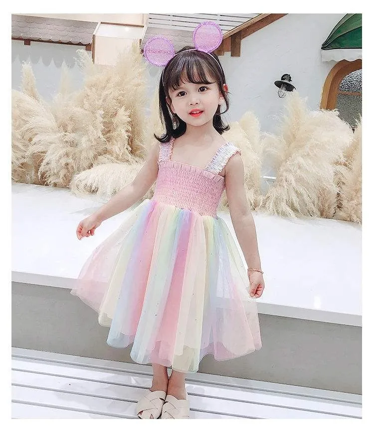 Girls' summer dress sling sleeveless square neck color mesh princess dress children's clothing children's dress sequin Tutu