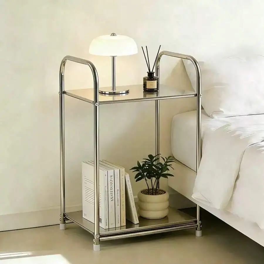 1pc Modern Stainless Steel Edge Nightstand With Storage Space, Silver, Home Storage Rack, Height Below 27 Inches, Space-Saving D