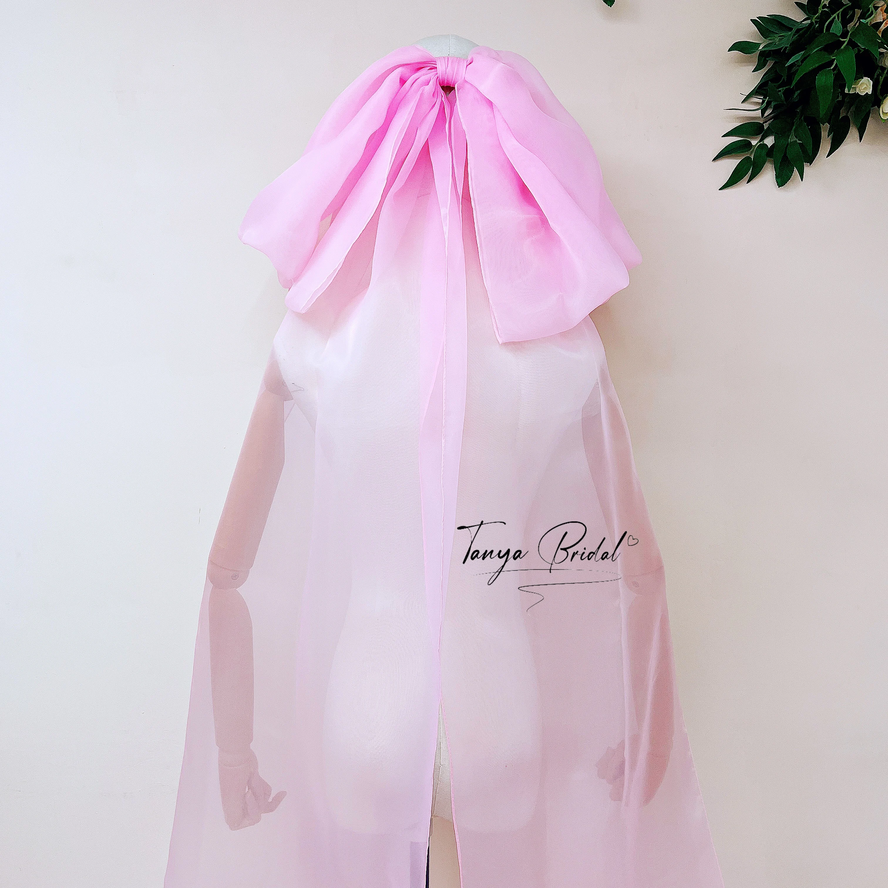 Romantic Pink Organza Bridal Veil with Bow Sashes Fairy Garden Bride Headpiece for Wedding Party Colorful Headwear