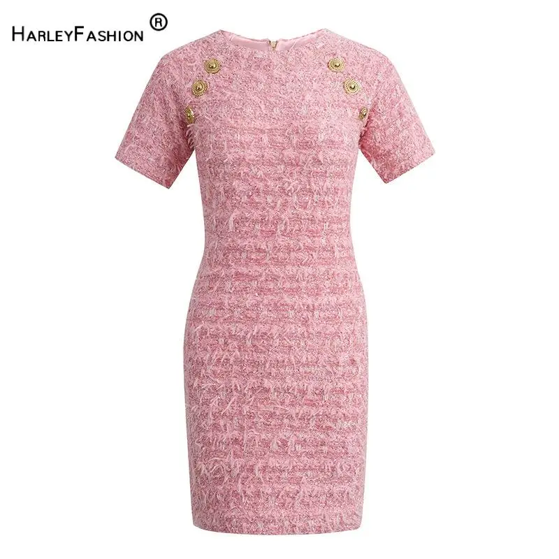 2024 Newest Spring Summer Lady Elegant Style Pink Short Sleeve O-neckline Women Slim Fitted Knit Mini Tassel Dress