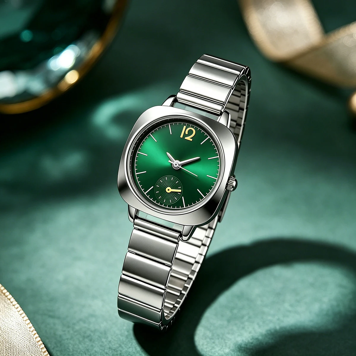 Women Rounded Square Quartz Watch Sunburst Dial Small Subdial Alloy Band Minimalist Analog Ladies Wrist Watches