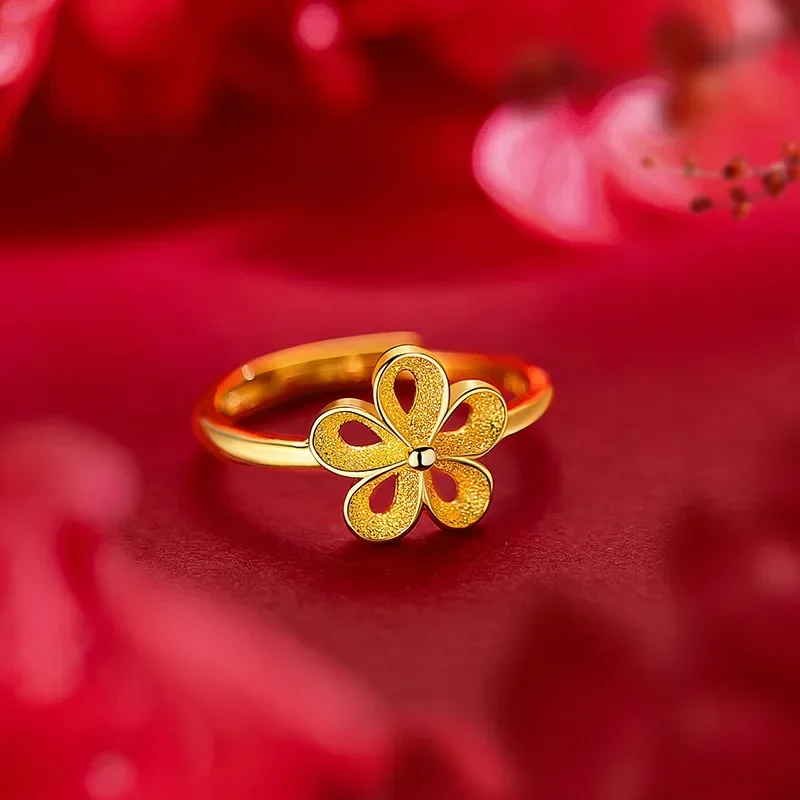 

9999 Real Gold 24K Gold Fashion Small Flower Women's Ring, Gold Fashion Fresh Mori Flower Live Ring