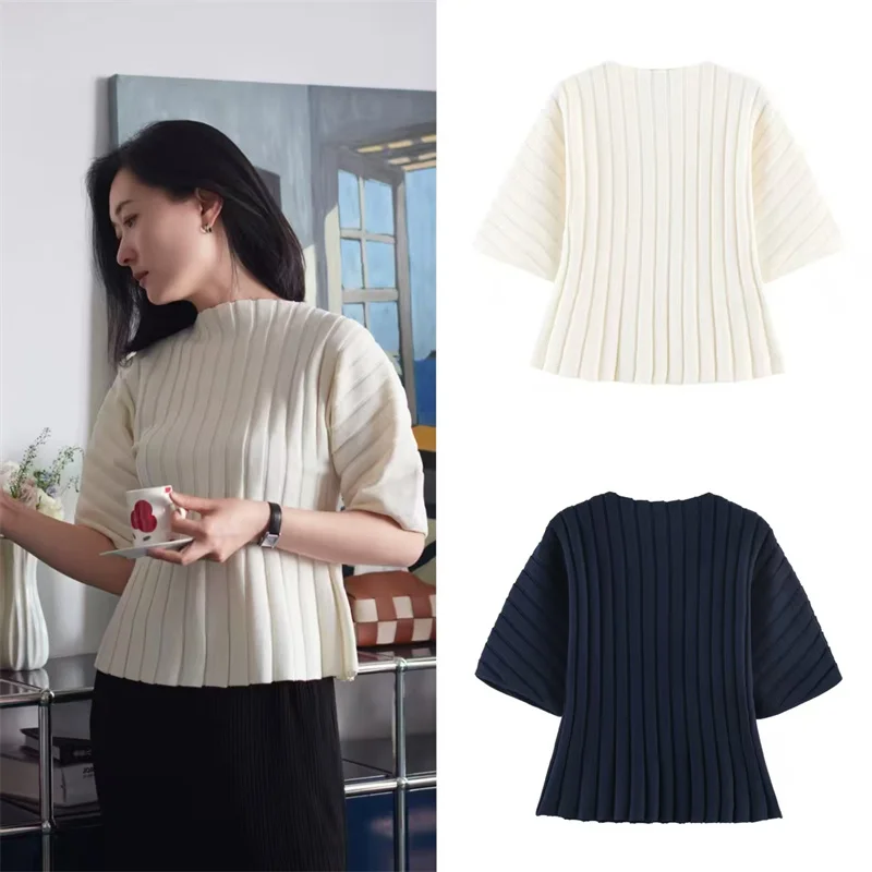 Haut pour femme, nouvelle collection printemps 2026, couleur unie, manches courtes bouffantes, taille froncée, pull en maille côtelée, élégant et stylé