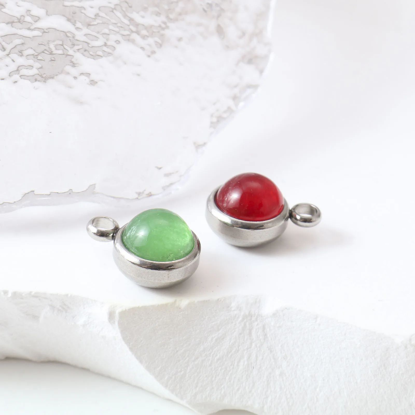 1 PC Natural Stone 304 Stainless Steel Charms Silver Color Multicolor Round Charms Pendants for DIY Earrings Necklace 14mmx10mm