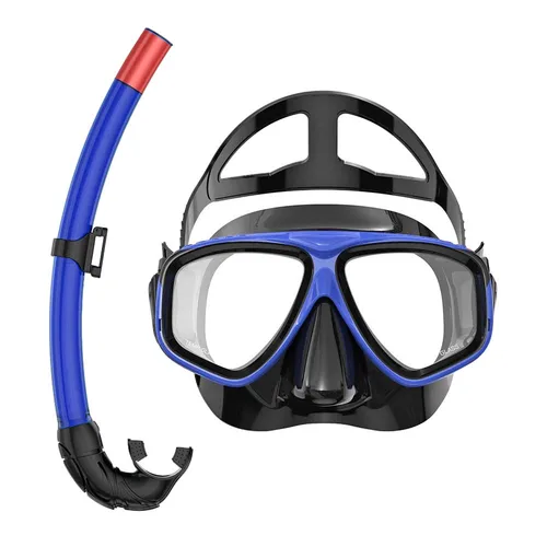 Imagen 1 del producto Juego de máscara de snorkel de bajo volumen, vidrio templado antifugas de silicona ajustable para adultos, entrenamiento, snorkel, natación y buceo