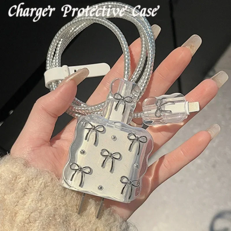 Transparent Shining Bowknot Cellphone Charging Data Cable Protector Case Sleeve for Apple IPhone 18/20W Charger Protective Cover