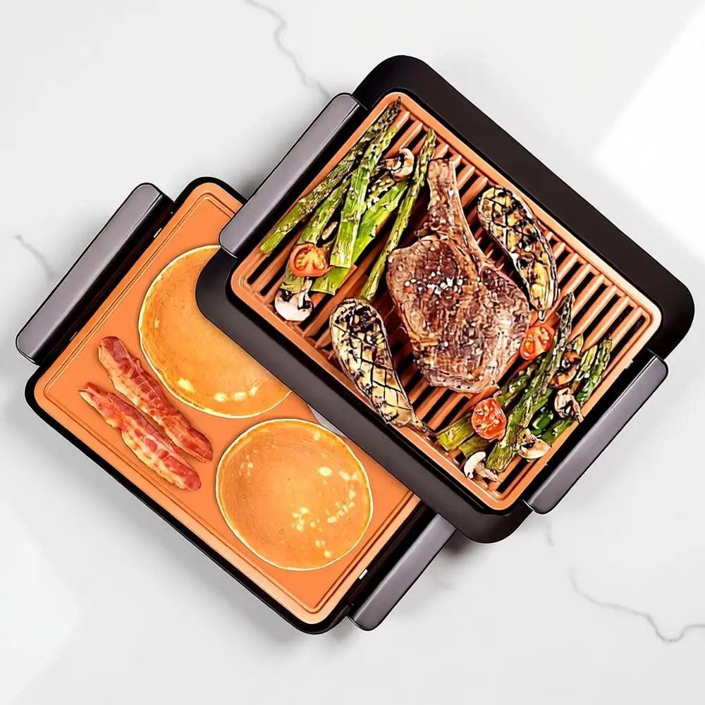

Indoor Grill with Ceramic Coating & Adjustable Heating, Electric Removable Grill/Griddle Plate, Nonstick, PTFE-Free