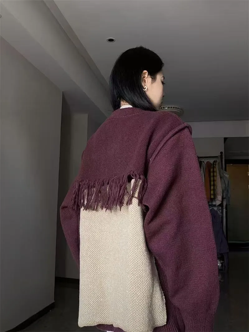 Jesienno-zimowy sweter vintage z frędzlami, dziergany, damski i męski, w stylu amerykańskiego goth, z dziurami, luźny pulower, dla par, casualowa bluza.