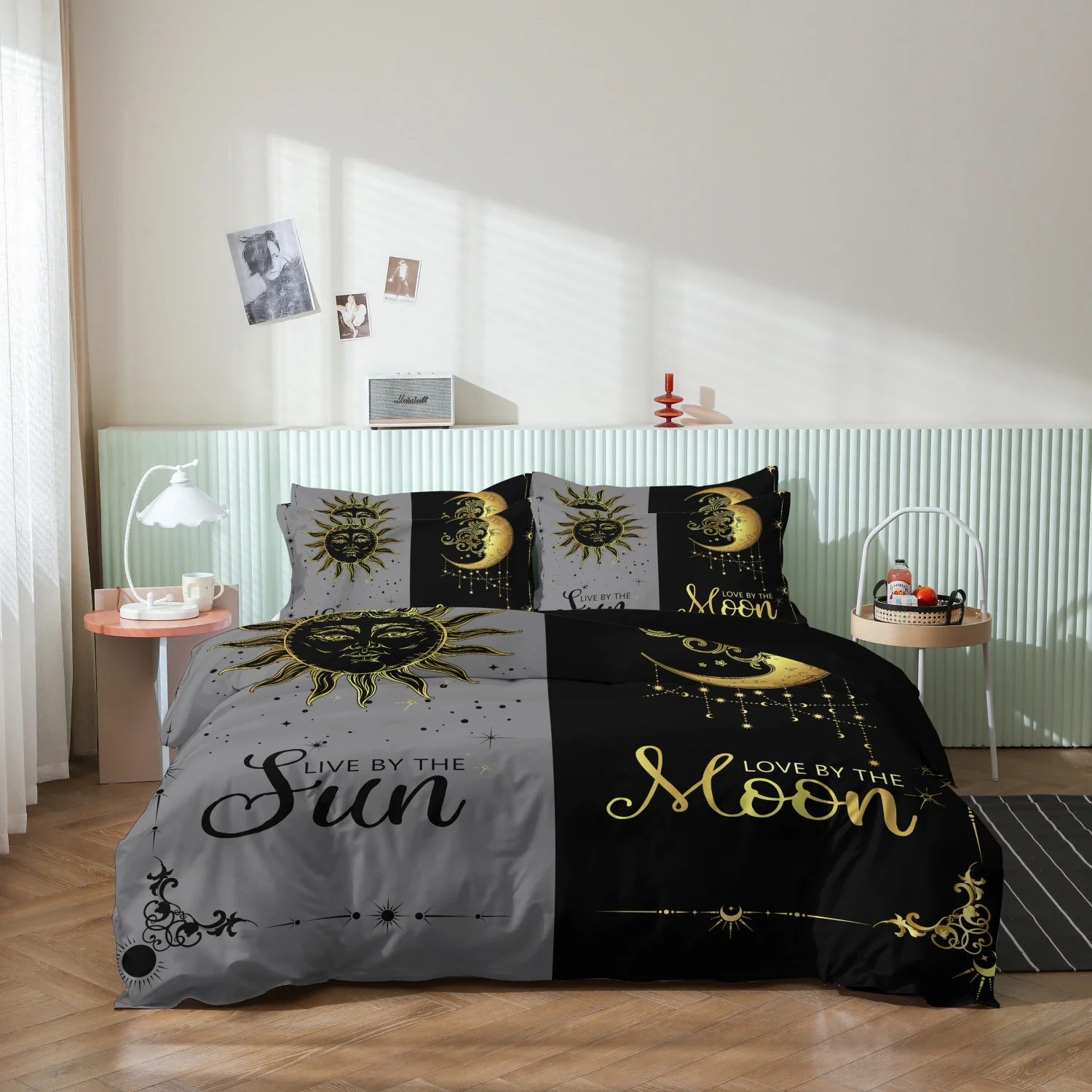 3 Pieces Split Grey Black Sun Moon Celestial Print Couple Duvet Cover Bedding Set, Sun Moon Golden Star Bohemia Pattern Bedding