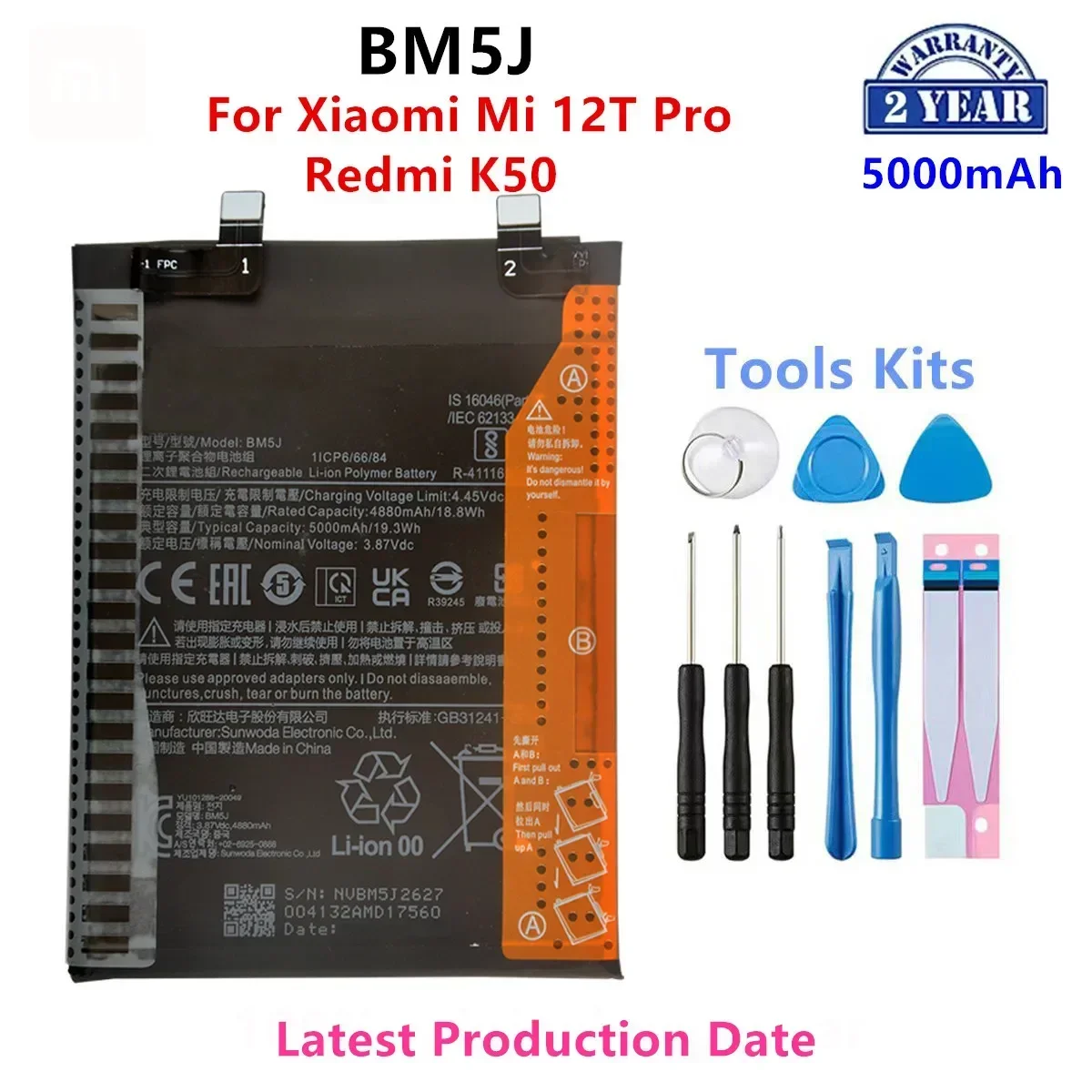 

Brand New BM5J 5000mAh Battery For Xiaomi Mi 12T Pro /Redmi K50 Phone Replacement Batteries+Tools