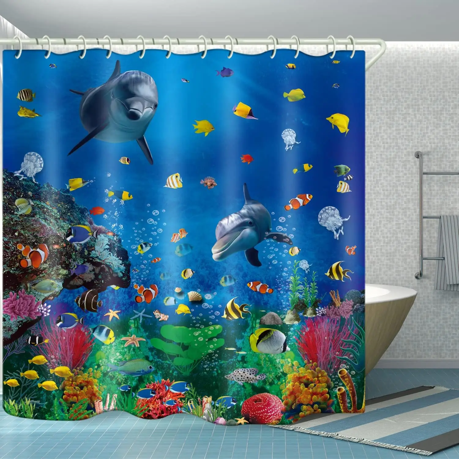 Underwater Dolphin Shower Curtain, Blue Ocean Coral Reef Tropical Fish Jellyfish Seastar Kids Waterproof Bath Curtain Decor