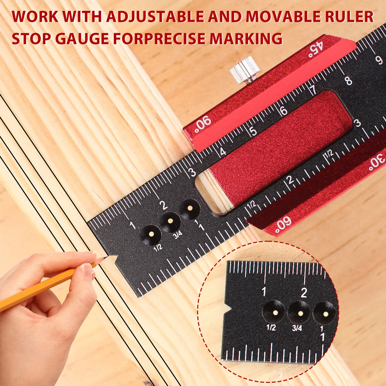 Woodworking Tools Ruler - Pocket Ruler Layout Tool Aluminum Precision Ruler with T-Track Metal Slide Stops,Inch and Metric Scale