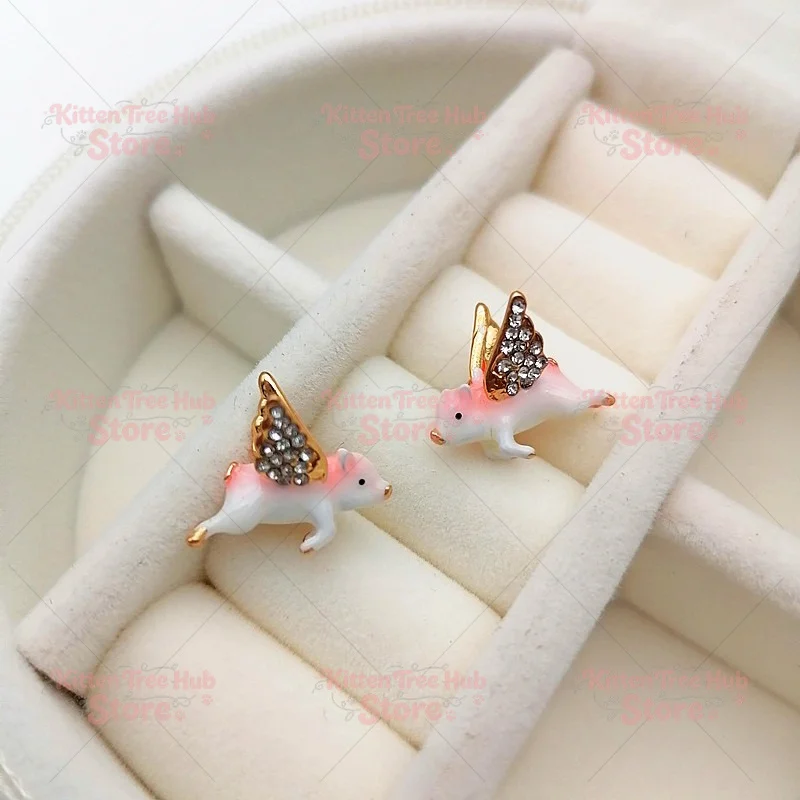 18K Gold-Plated Gemstone Cartoon Playful and Cute Painted Enamel Pink with Wings Flying Pig Necklace Earring