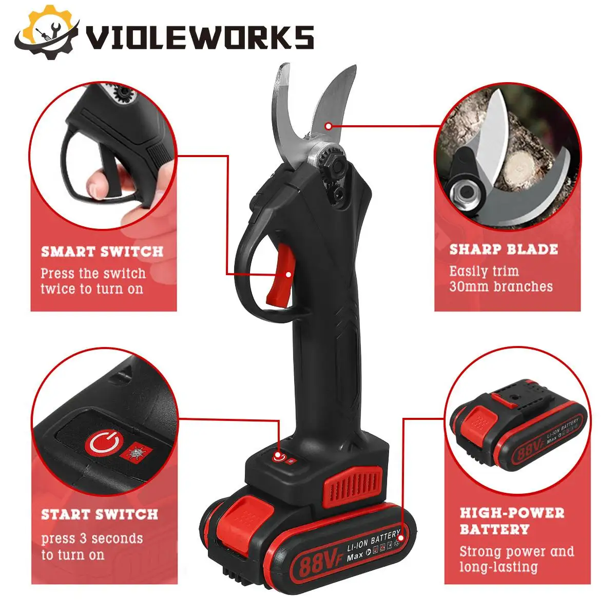 2 In 1 88VF 4นิ้ว Mini เลื่อยโซ่ไฟฟ้า30มม.ไร้สาย Pruner ไฟฟ้าเฉือนตัดไม้ Power เครื่องมือ2Pcs