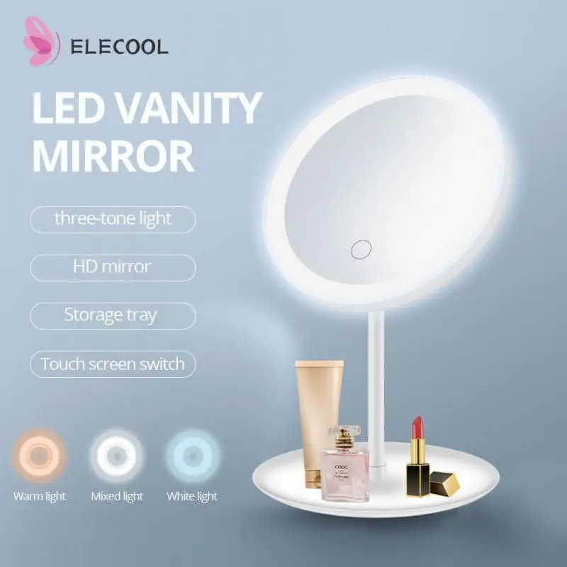 Adjustable 3 Light Colors With Led Makeup Mirror Desktop Vanity Mirror Vanity Mirror Round Shape Cosmetic Mirrors