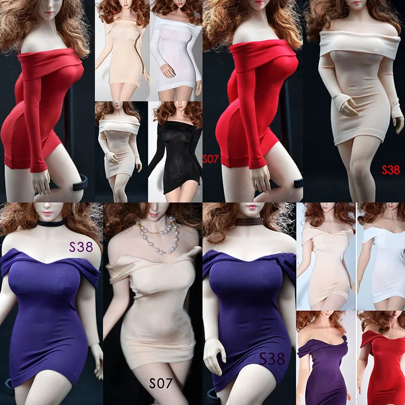 

1/6 Female Soldier Dress Off Shoulder Hip Skirt Long Sleeve Party Nightclub Dress Fit 12Inch Plump Action Figure Body