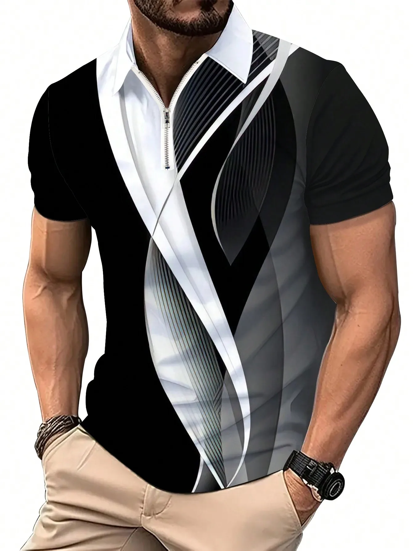 

Men's Casual 3D Abstract Spiral Print Polo Shirt with Zipper Collar