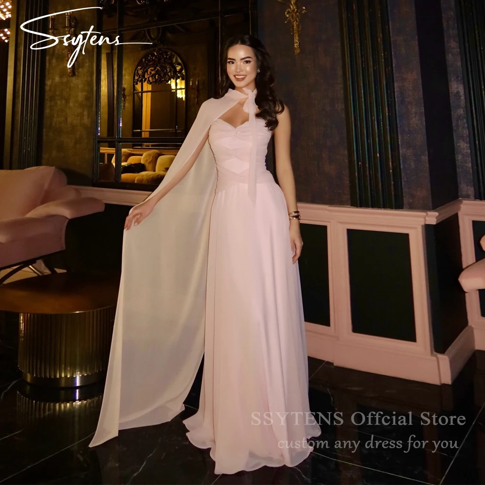 

SSYTENS Pink Chiffon Vestidos De Fiesta Elegantes Long A Line Wedding Guest Dresses Detachable Cape Formal Party Gown Customized