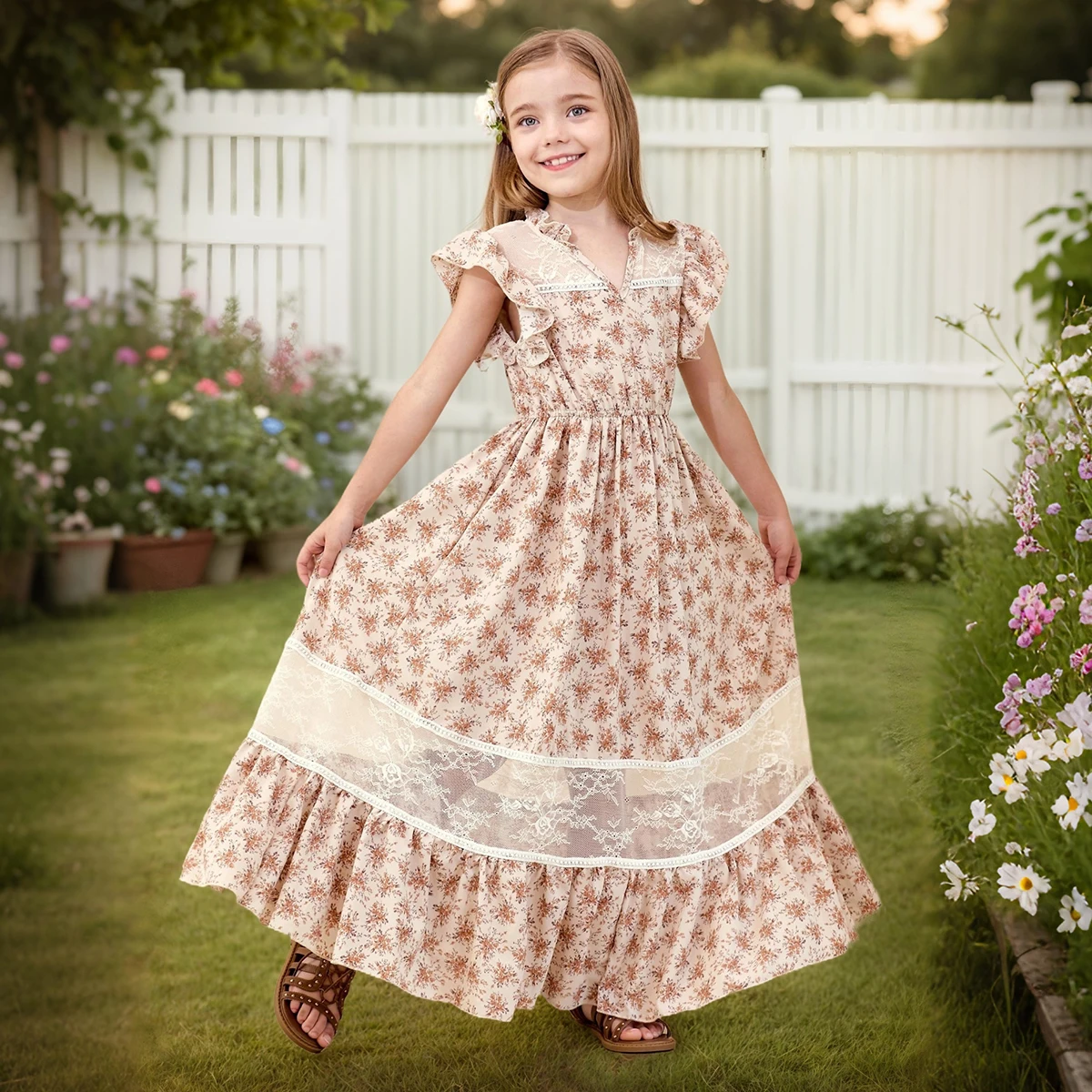 Bohemian Style Girl's New Lace Floral Flying Sleeve Lace V-Neck Long Princess Dress Birthday School Party Fashion Dress