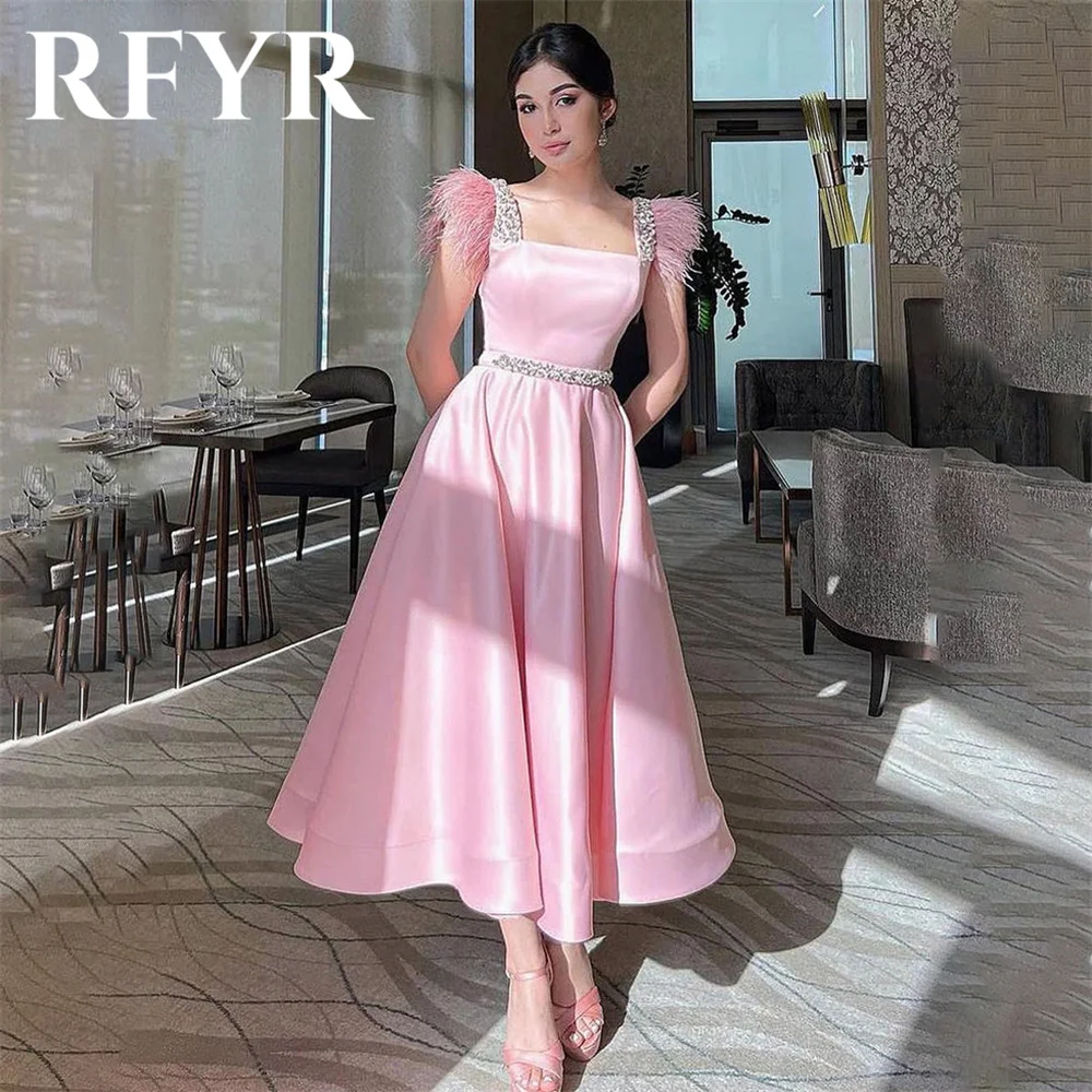 

RFYR Pink Elegant A-Line Women Short Evening Dress with Feathers Simple Sleeveless Satin Tank Prom Formal Gown Dress Customized