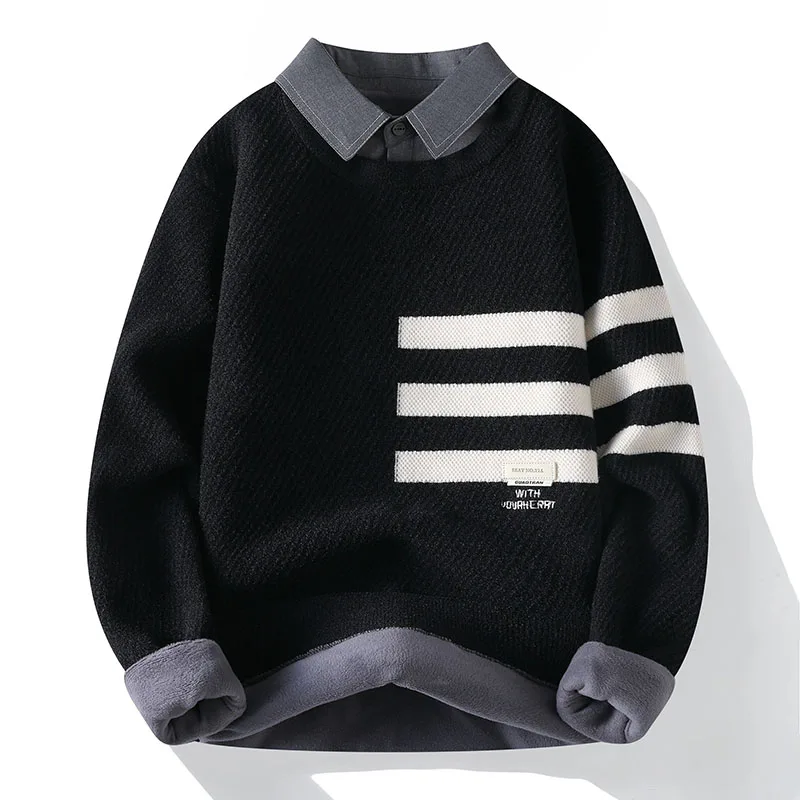 

Light Luxury Men's Brand Knit False Two-Piece Sweater Spring Long Sleeves Lapel Stripe Pullover Leisure Comfortable Men Clothing