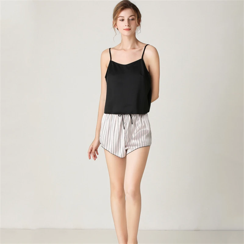 Summer Thin Imitation Silk Sleepwear Two Piece Set of Round Neck Sling Top and Short Pants Leisure Home Suit Women's Clothes