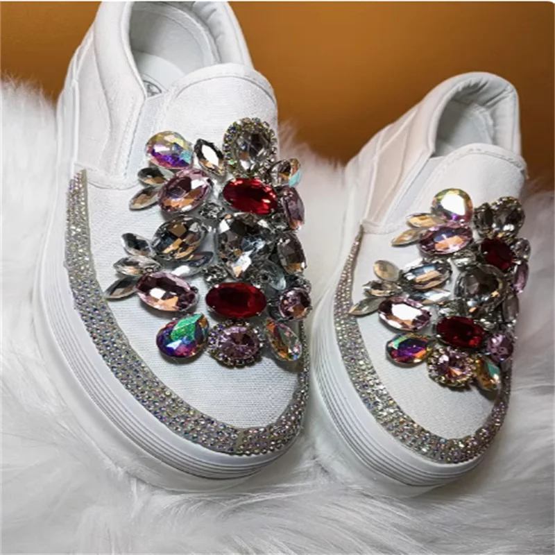 Thick bottom gemstone Crystal accessories Wedding party canvas shoes handcrafted shallow mouth sports women\'s shoes 35-40