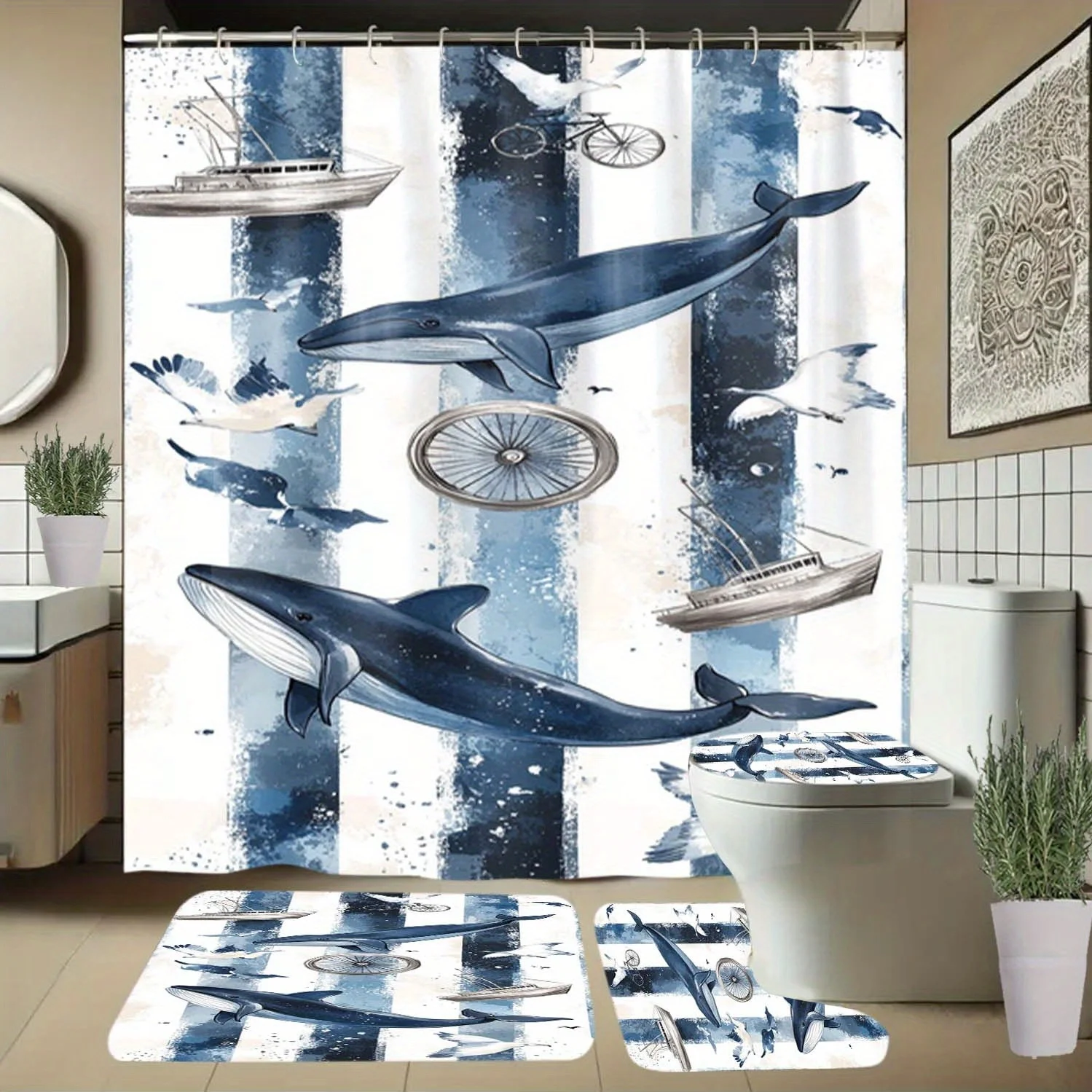 

4pcs Whale, Boat, and Bicycle Pattern Shower Curtain with Hooks, Bathroom Partition Curtains, Home Decor Accessories,