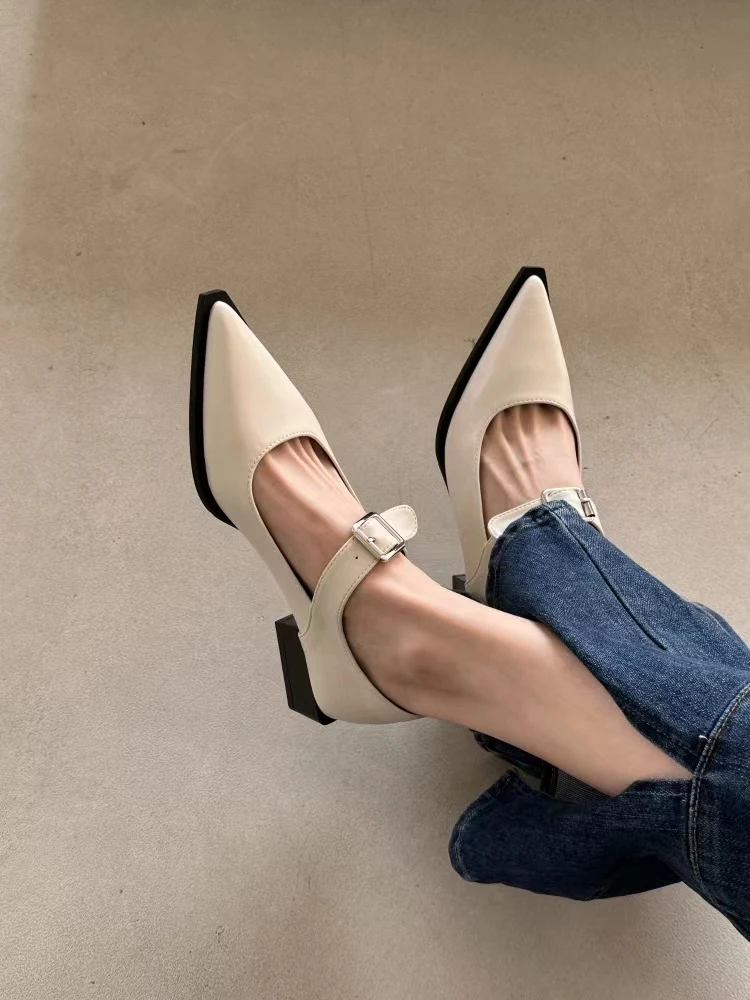 *Fashion Mary Jane Shoes Women's Spring and Autumn New Line Belt Buckle Medium Heel Small Leather Shoes To Wear view 2