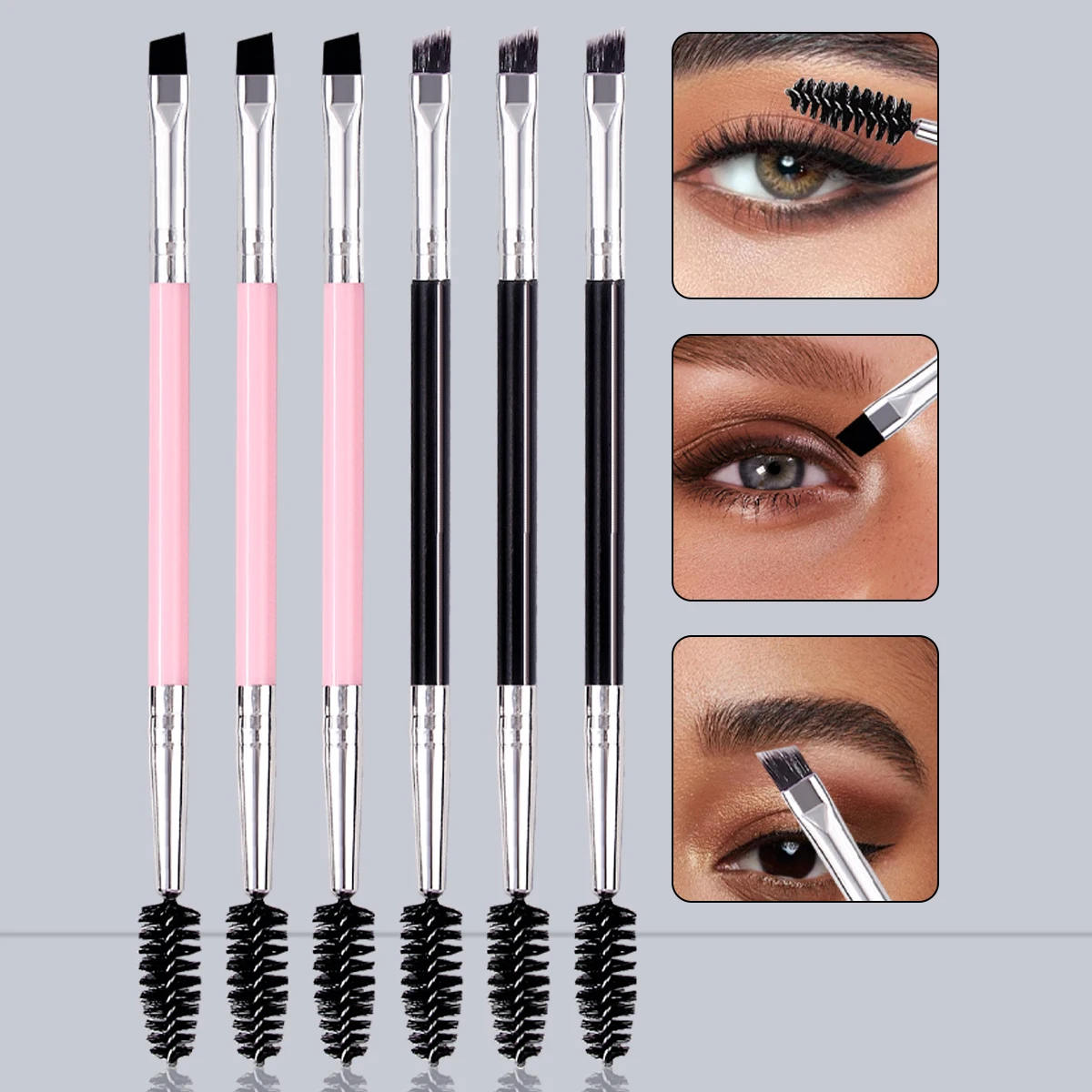 6PCS 듀얼 엔드 프로페셔널 아이 브러쉬 세트, 정밀 틴팅/쉐이핑을 위한 각진/나선형 눈썹 및 속눈썹 도구, 친화적인 화장품 키트