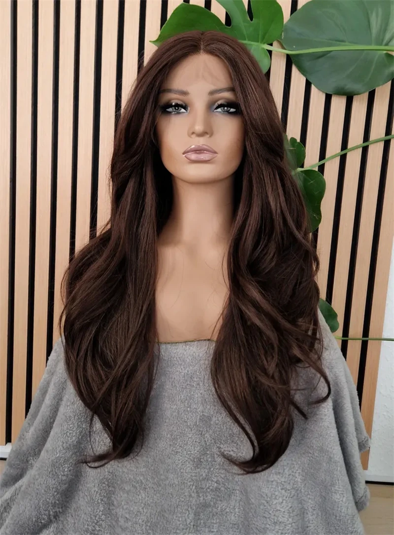 شعر مستعار طويل فضفاض موجة 13x4 أومبير الشوكولاته الداكنة البني يسلط الضوء على الدانتيل شعر مستعار أمامي ألياف صديقة للحرارة امرأة سمراء شعر مستعار موجة طبيعية #2