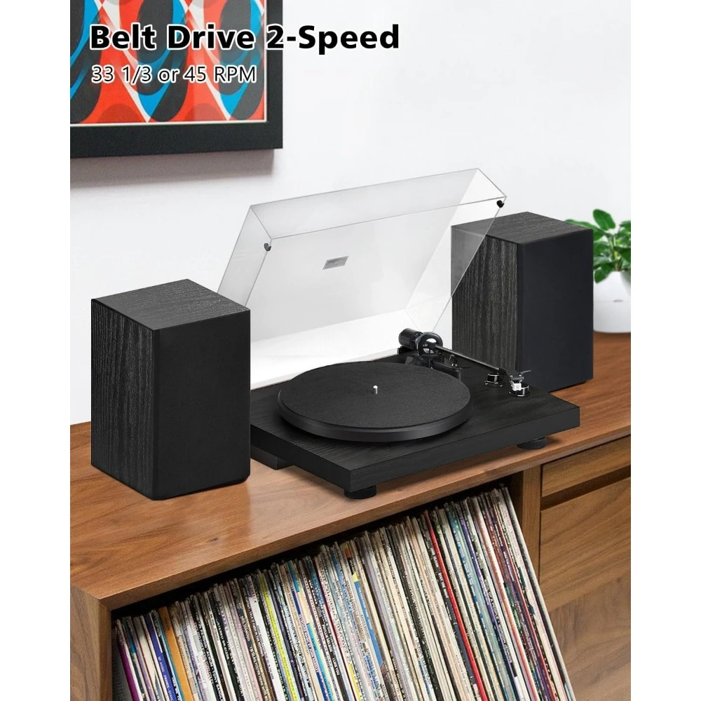 Pemutar Rekaman Vinil, Sistem HiFi Speaker 36W, Rak Buku Nirkabel, Perekaman USB, Kartrid Magnetik, Preamp Bawaan, Adj