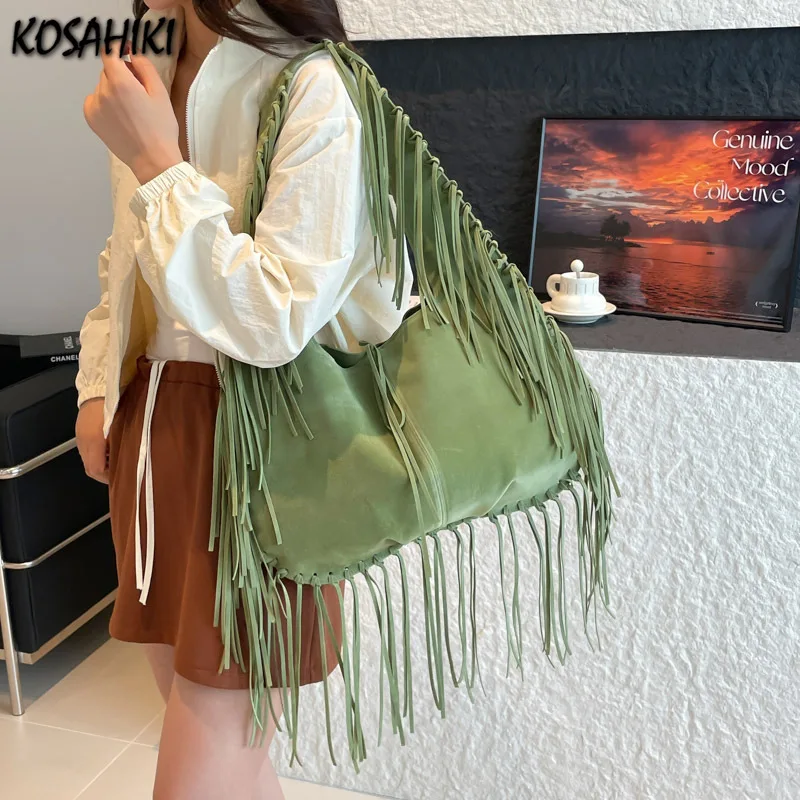 

Vintage All Match Grunge Simple Women's Handbags Y2k Aesthetic Casual Tassel Shoulder Underarm Bag High-capacity Tote Bags Femme