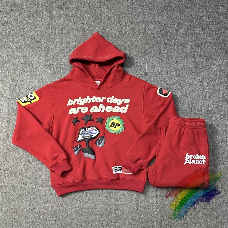 

Red Puff Print Broken Planet Hoodie Men Women 1:1 Best Quality Hooded Sweatshirt Pullover