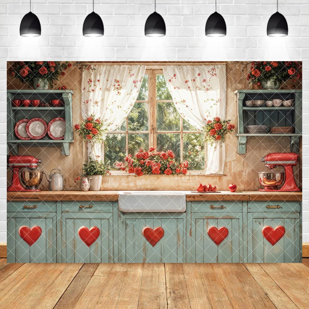Rustic Valentine's Day Kitchen Window Backgrounds Family Adult Photography Banner Kitchenware Backdrop Spring Flower