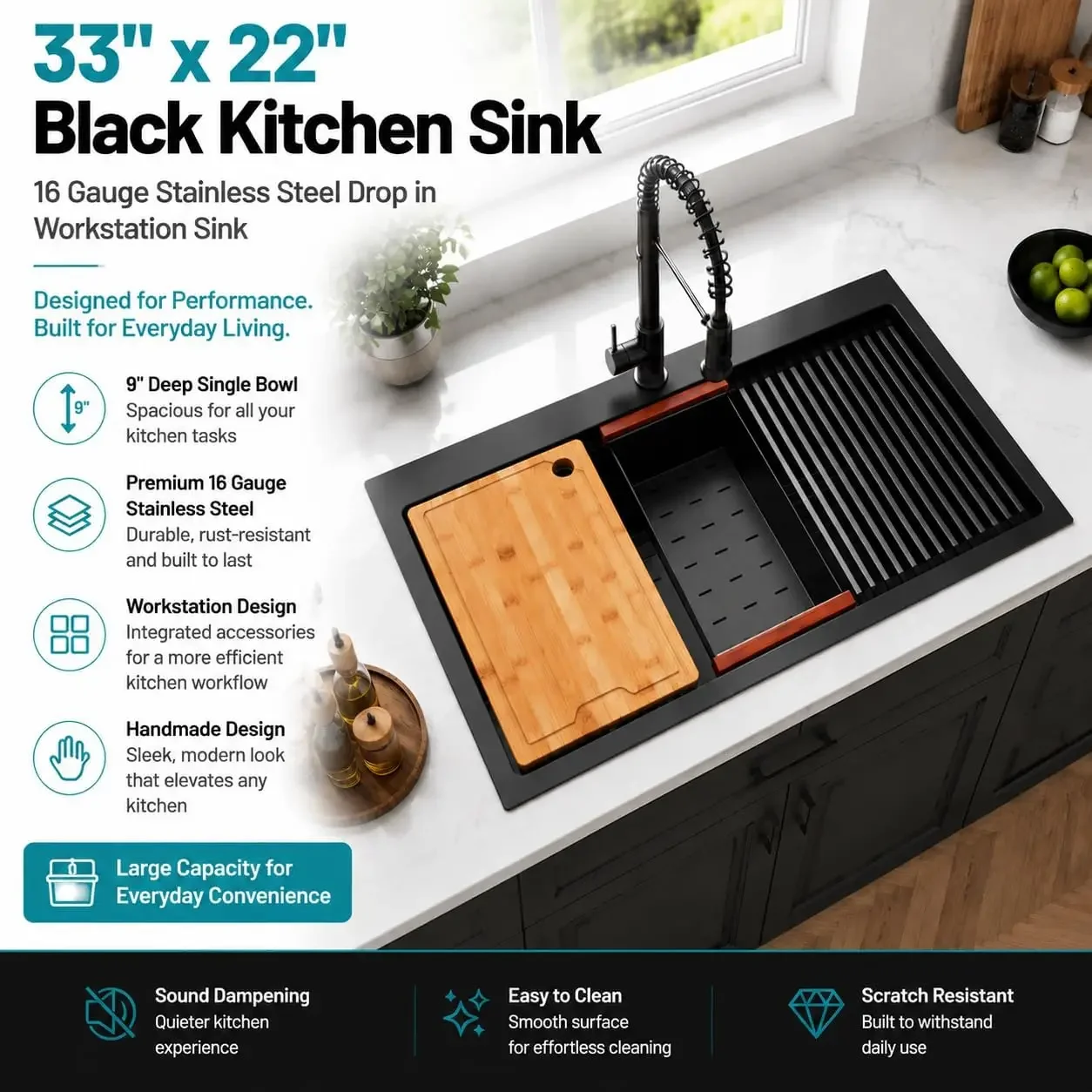 33x22 Black Kitchen Sink, 16 Gauge Stainless Steel Drop In Workstation Sink | 9" Deep Single Bowl Top Mount Sink with Handmade D view 3