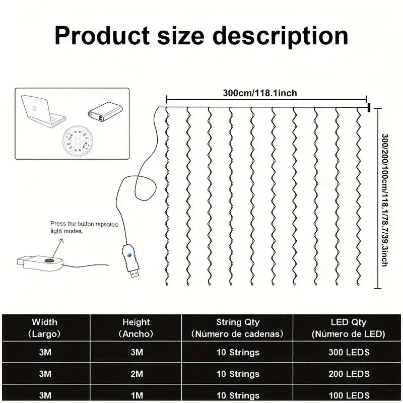 1 Juego de guirnaldas de luces LED 100/200/300 con control remoto, 8 modos de luces de cadena de alambre de cobre USB para Navidad, boda, hogar, interior y exterior
