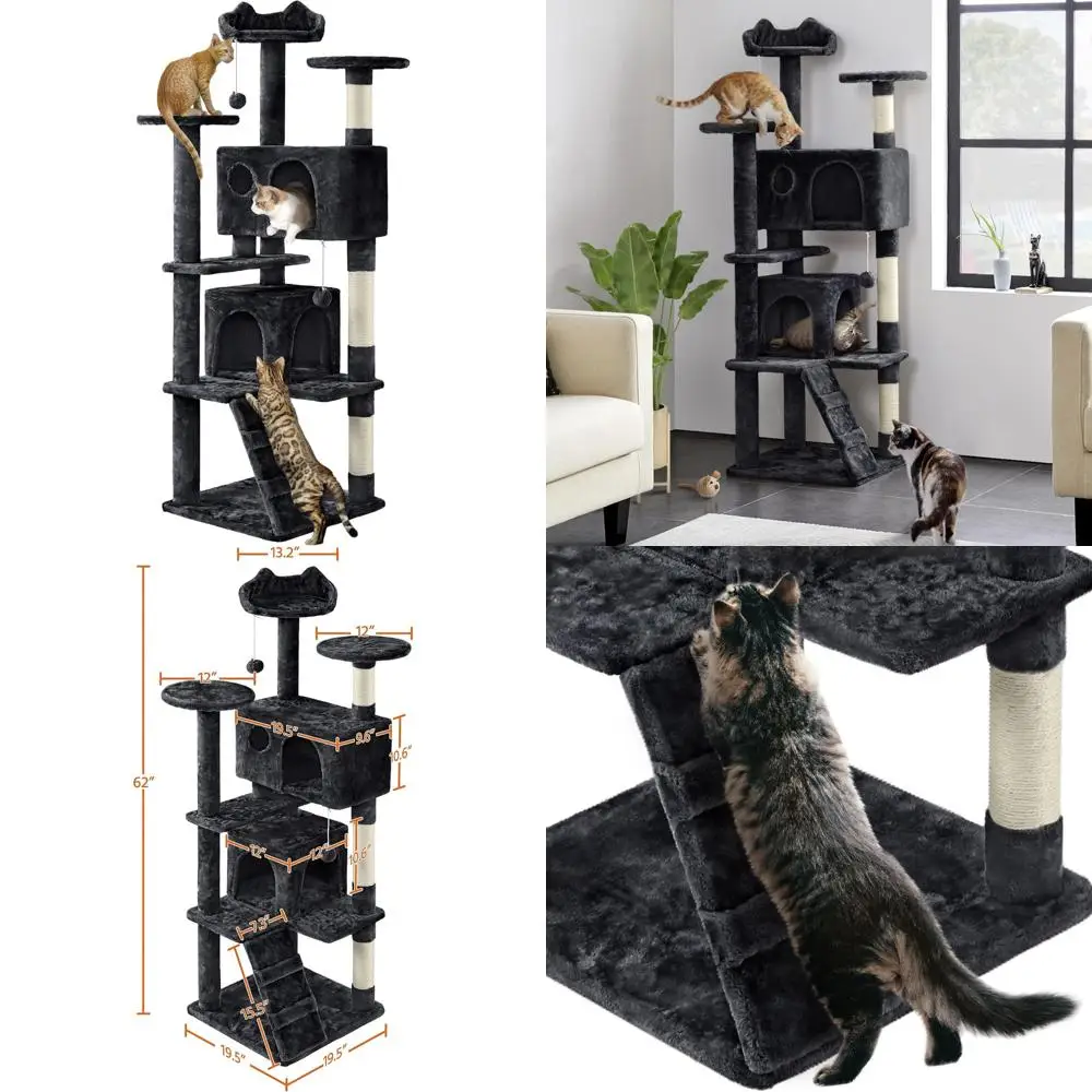 

Домашняя башня из кошачьего дерева с двойным кондометом, когтеточками, несколькими платформами и шариками для котят — мебель высотой 62 дюйма