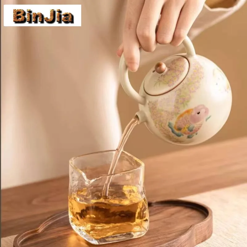 250Ml High End Ru Kiln Porcelain Teapot Elegant Goldfish High-Handled Pot Tea Maker Kettle Women's Teaware Accessories Craft
