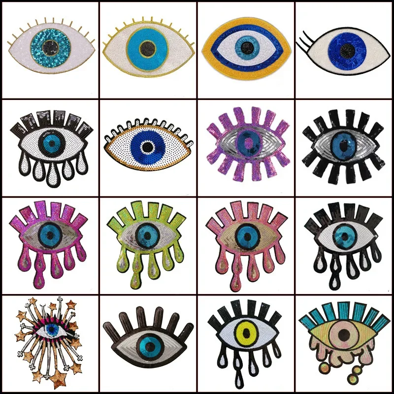 Mysterious Eye Sequined Appliques Evil Eye Symbol Iron on Badge Colored Human Eye Thermo Patch for Fashion Hoodie Sweatshirt DIY