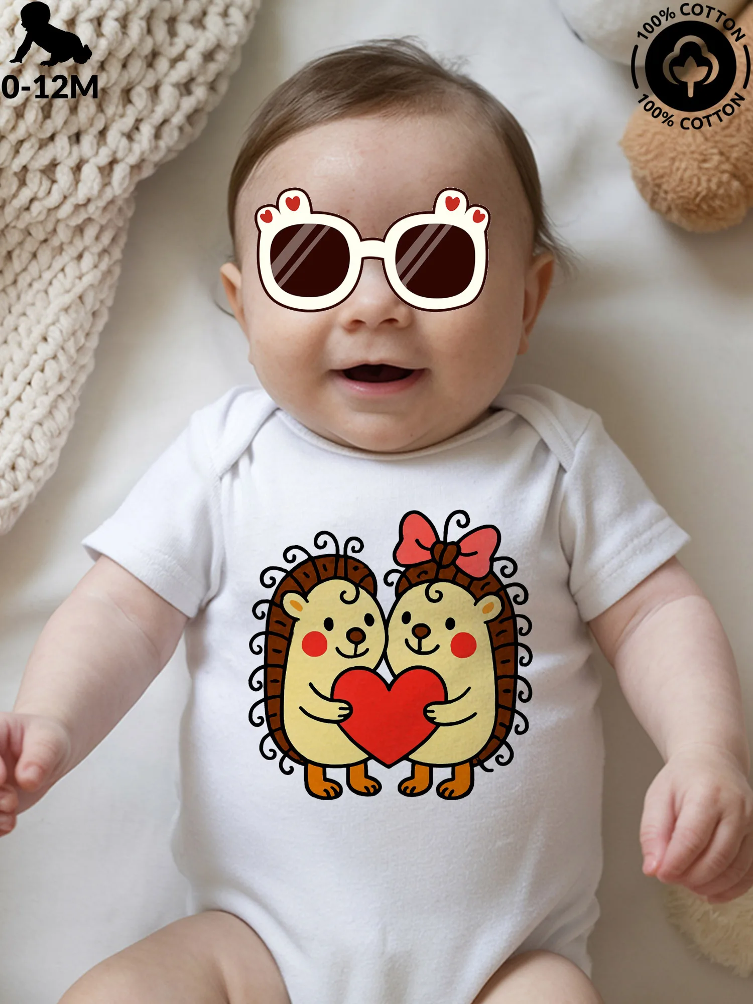 

Valentine Hedgehog Couple Unisex Baby Crawling Suit, Pure Cotton Soft Onesie, All-Season Wear White Bodysuit 190GSM