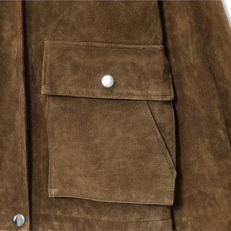 

Women's Brown Suede Jackets Casual Loose Lapel Zipper Pockets Long Sleeve Female Coats 2025 Autumn Vintage Lady Commute Outwear