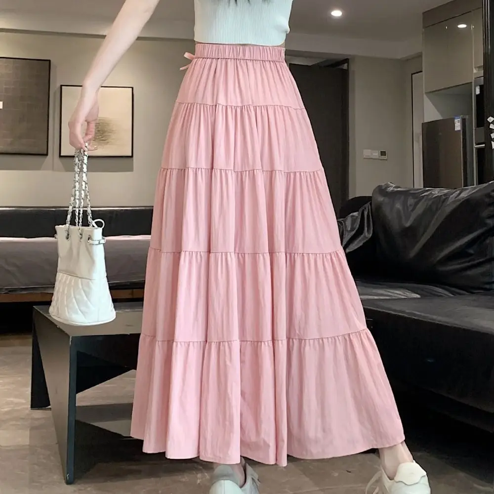 리본 티어드 미디 스커트 하이웨이스트 플리츠 롱 케이크 A라인 스커트 한국 스타일 솔리드 컬러 세븐 포인트 롱 드레스 스트리트웨어