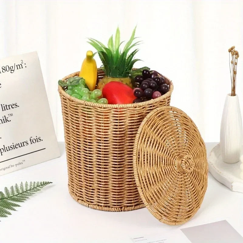 

Imitation Rattan Storage Basket, Dirty Clothes Basket, Hot Pot Shop Clothes Storage Basket, Woven Frame With Lid