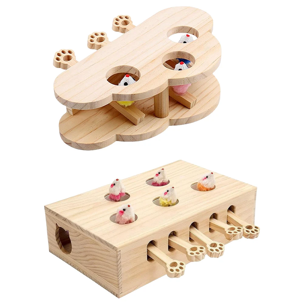 Cats Whack A Mole Game Cat Pop Up Toy 3/5-Holed Solid Wood Cat Toy Interactive Wooden Hunting Toy Box for Indoor Cats