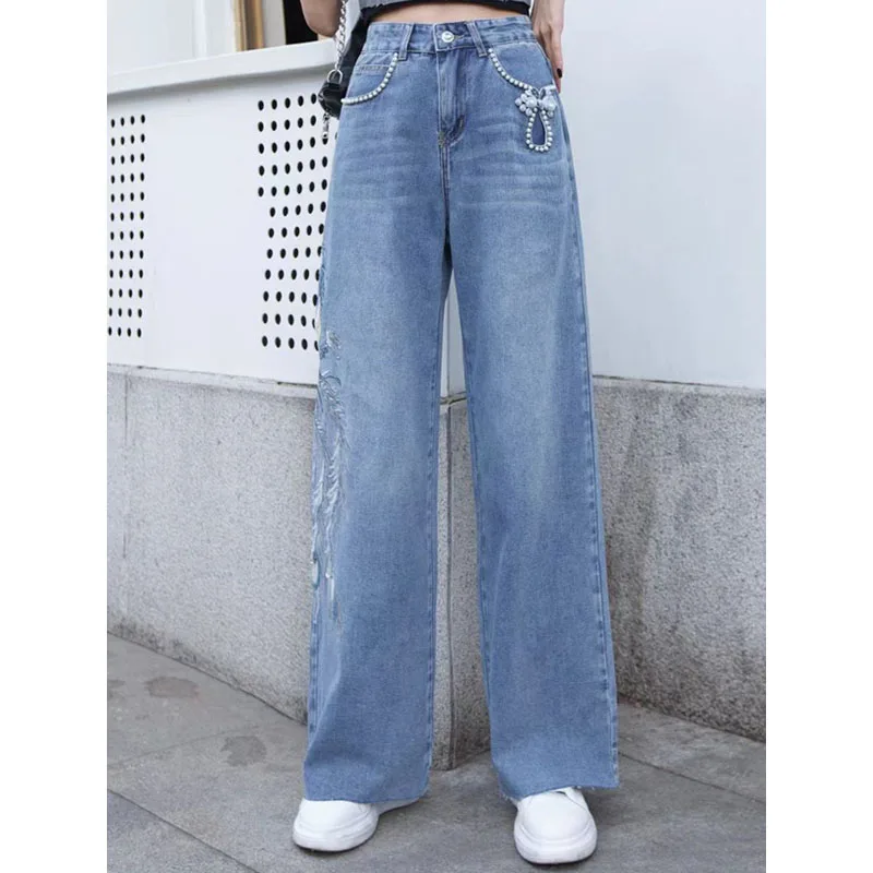 

Широкие джинсы с высокой талией и вышивкой, свободные тонкие прямые брюки длиной до пола для женщин, осеннее новое поступление