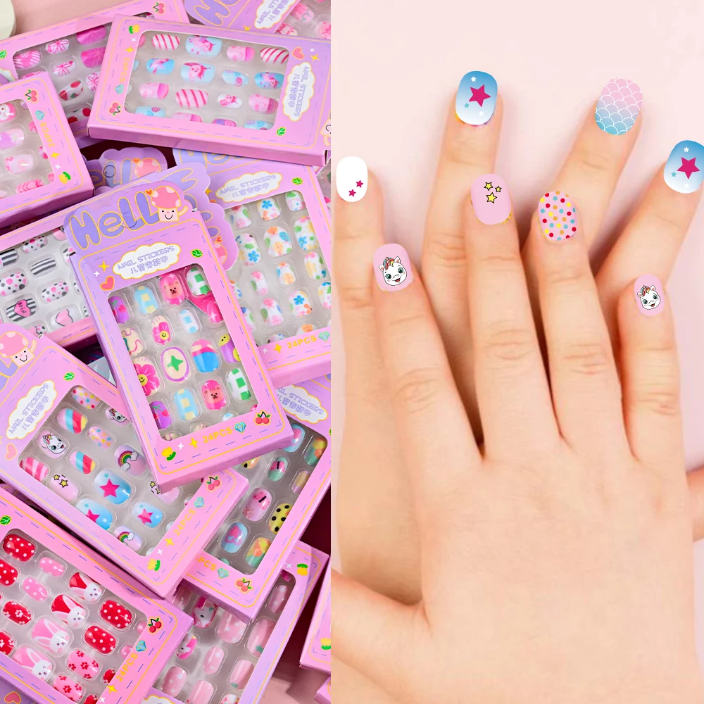 24Pcs/Box Lovely Unicorn Children Fake Nails Cartoon Press on Nails Detachable Pink Rabbit Rainbow Pattern Fake Nail Girls Gifts